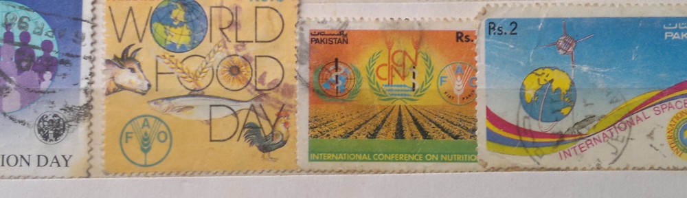 stamps featuring different international organizations and programs